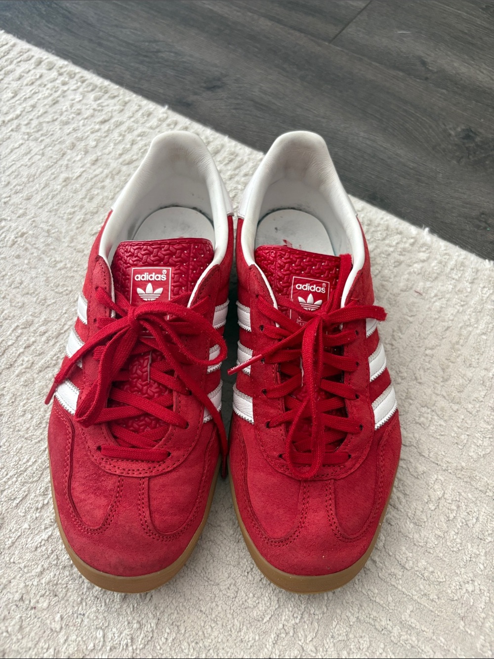 adidas Men’s Red Suede Sneakers with White Stripes